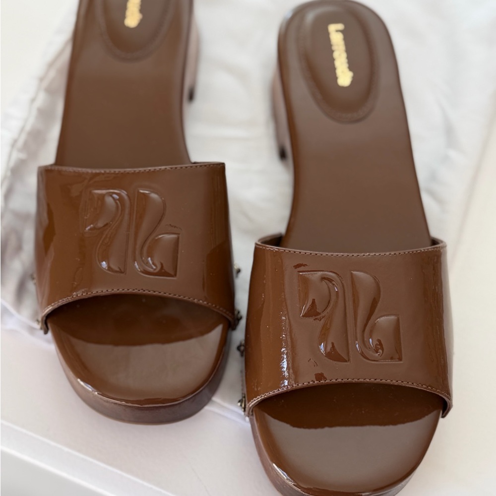 Larroude Brown Patent Leather Slide Sandals